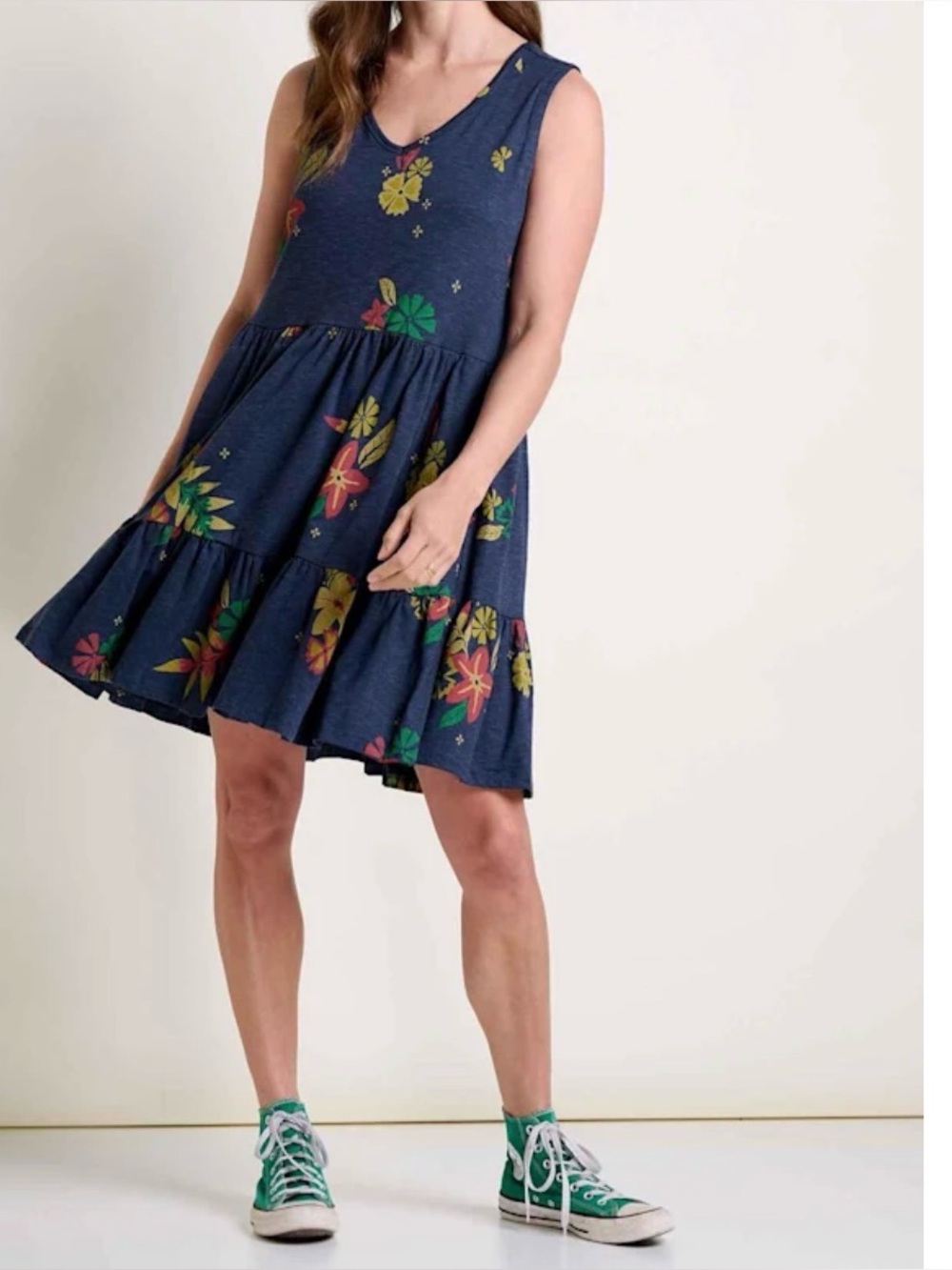 Toad&Co Navy Floral Tiered organic cotton Sleeveless Dress Size XS